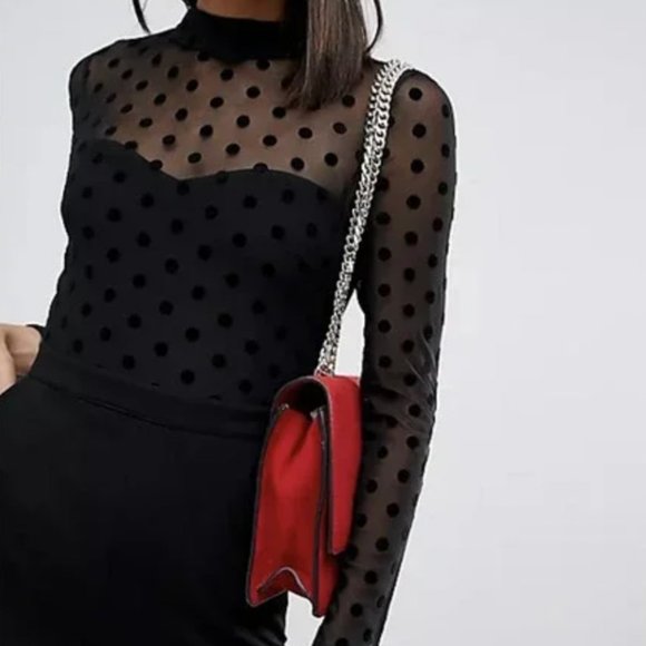 French Connection Lea Mesh Black Polka Dot Jumpsuit Sz 4 - Picture 2 of 10